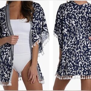 NWT La Blanca Changing Tides Tassel Kimono Swim Cover Up One Size Blue Beachy